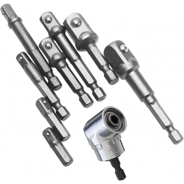 Guyiste 8피스 육각 ~ 1/4인치, 3/8인치, 1/2인치 사각 드릴 척 어댑터 + 1피스 105° 앵글 스크루드라이버 부착 어댑터(1/4인치, 육각 핸들), 105° 앵글 비트 홀더. 임팩트 재종 +