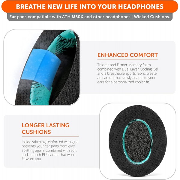 WC Freeze 하이브리드 패브릭 냉각 젤 교체용 이어 패드 - HyperX Cloud, Steelseries Arctis, ATH M50X, Turtle Beach Stealth 등과 호환 - 더 오래 편안하고 시원하게 | 스피드 레이서 시안