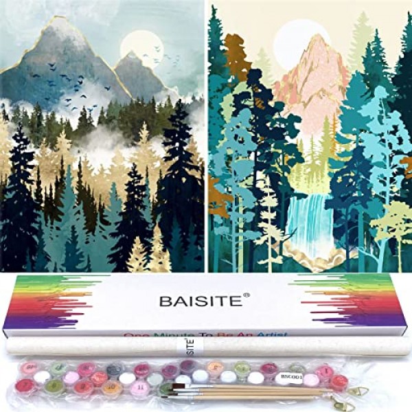 성인 초보자와 어린이를 위한 숫자로 그림 그리기, 12인치 Wx16 L 2 팩 캔버스 그림 8개 나무 붓으로 그림 그리기, 선물 상자에 아크릴 안료-7172