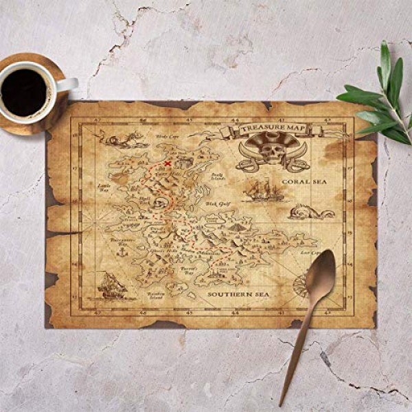 Mugod 보물 지도 플레이스매트 폐허가 된 오래된 양피지의 매우 상세한 해적 보물 지도 장식용 내열성 미끄럼 방지 세탁 가능 식탁 매트 4개 세트 12