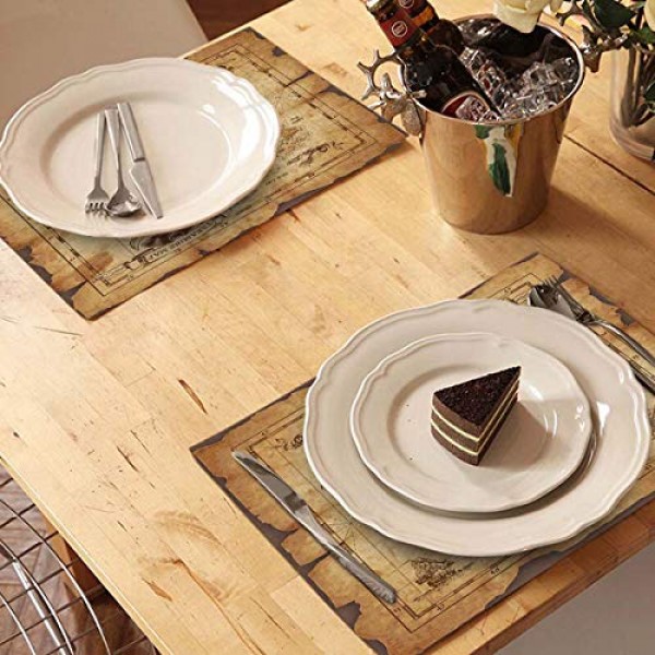 Mugod 보물 지도 플레이스매트 폐허가 된 오래된 양피지의 매우 상세한 해적 보물 지도 장식용 내열성 미끄럼 방지 세탁 가능 식탁 매트 4개 세트 12