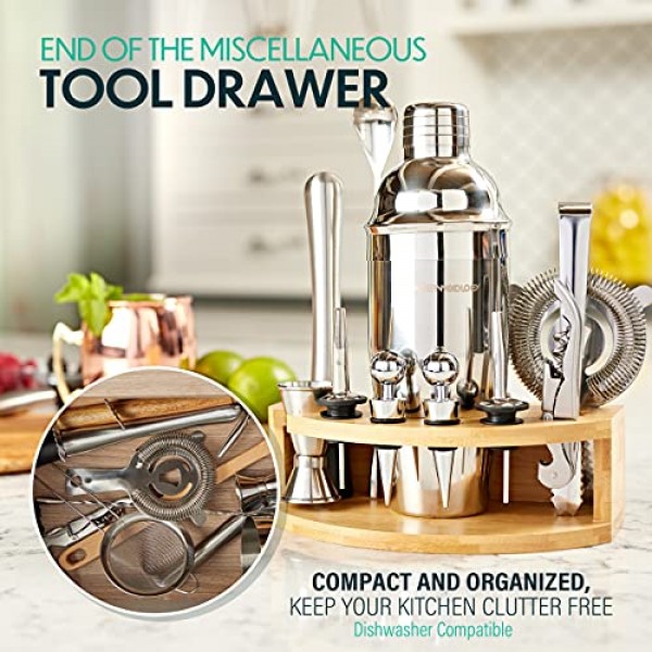 Mixology 바텐더 키트: 원형 대나무 스탠드가 포함된 13피스 바 도구 세트 | 완벽한 홈 바텐딩 키트 및 마티니 칵테일 셰이커 세트 | 남성용 선물