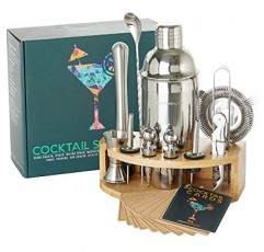 Mixology 바텐더 키트: 원형 대나무 스탠드가 포함된 13피스 바 도구 세트 | 완벽한 홈 바텐딩 키트 및 마티니 칵테일 셰이커 세트 | 남성용 선물