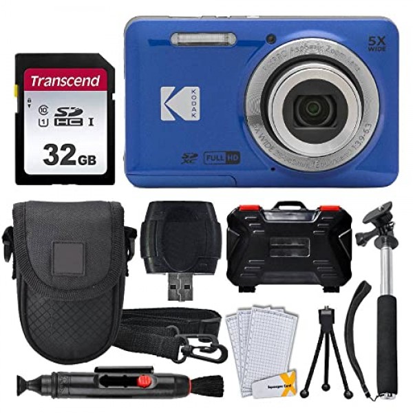 Kodak PIXPRO FZ55 디지털 카메라(블루) + 32GB 메모리 카드 + 간편 촬영 카메라 케이스 + 확장형 모노포드 + 렌즈 클리닝 펜 + LCD 화면 보호기 + 테이블 상단 삼각대 – 얼티밋 