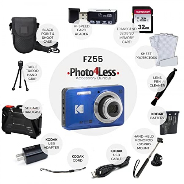 Kodak PIXPRO FZ55 디지털 카메라(블루) + 32GB 메모리 카드 + 간편 촬영 카메라 케이스 + 확장형 모노포드 + 렌즈 클리닝 펜 + LCD 화면 보호기 + 테이블 상단 삼각대 – 얼티밋 