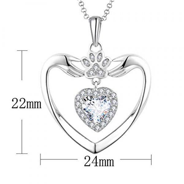 JO WISDOM 여성용 목걸이 하트 실버 925, 체인 펜던트 개 발 프린트 발자국 5A 큐빅 지르코니아 4월 탄생석으로 내 마음에서 당신을 사랑합니다, 45 cm + 3 cm, 여성용 주얼리, 