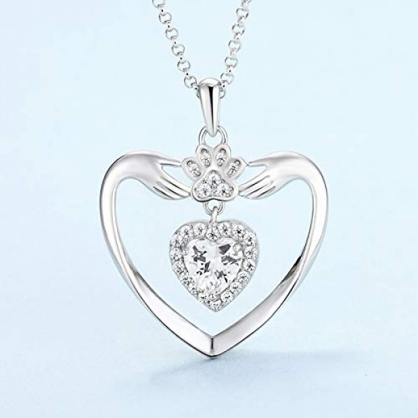 JO WISDOM 여성용 목걸이 하트 실버 925, 체인 펜던트 개 발 프린트 발자국 5A 큐빅 지르코니아 4월 탄생석으로 내 마음에서 당신을 사랑합니다, 45 cm + 3 cm, 여성용 주얼리, 