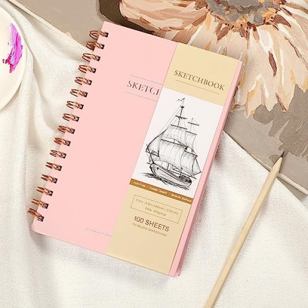 Yoment 5.5 x 8.5 어린이를위한 작은 나선형 바운드 스케치 패드 그리기를위한 스케치북 하드 커버 스케치 북 (68lb/100gsm) 아티스트 드로잉 빈 종이 노트 연필로 스케치 패