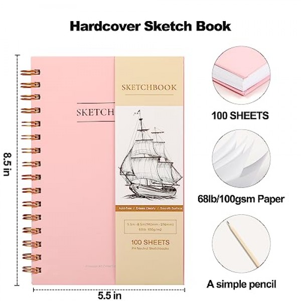 Yoment 5.5 x 8.5 어린이를위한 작은 나선형 바운드 스케치 패드 그리기를위한 스케치북 하드 커버 스케치 북 (68lb/100gsm) 아티스트 드로잉 빈 종이 노트 연필로 스케치 패