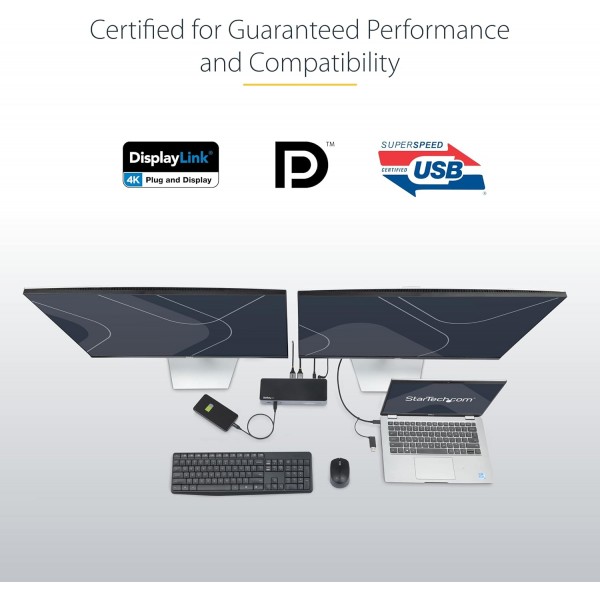 StarTech.com USB-C 및 USB-A 도크 - 100W 전원 공급 기능이 있는 하이브리드 범용 노트북 도킹 스테이션 - 듀얼 모니터 4K 60Hz HDMI 및 DisplayPort - 4x USB 3.1 Gen 1 허브, GbE - Windows 및 