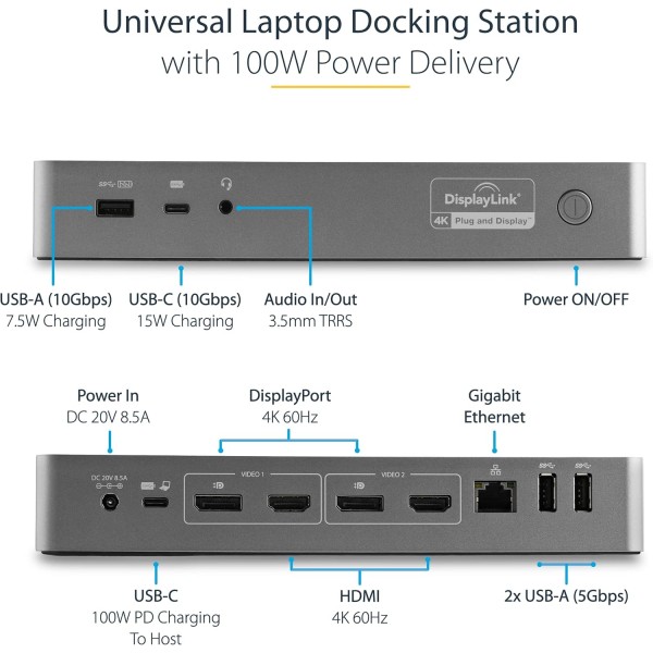 StarTech.com USB-C 및 USB-A 도크 - 100W 전원 공급 기능이 있는 하이브리드 범용 노트북 도킹 스테이션 - 듀얼 모니터 4K 60Hz HDMI 및 DisplayPort - 4x USB 3.1 Gen 1 허브, GbE - Windows 및 