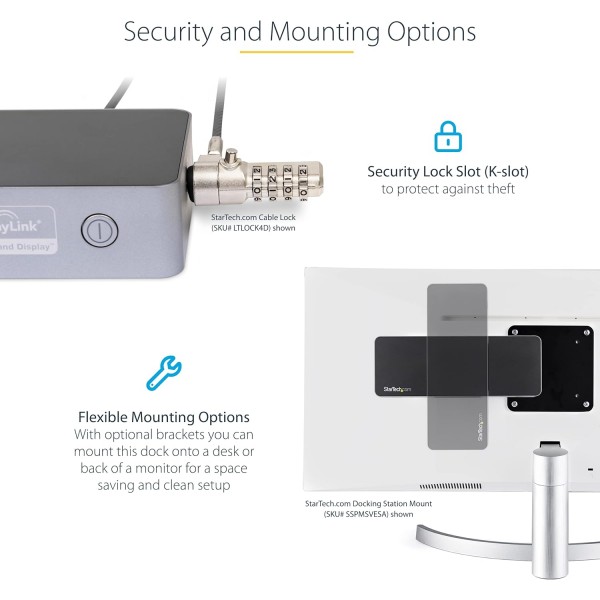 StarTech.com USB-C 및 USB-A 도크 - 100W 전원 공급 기능이 있는 하이브리드 범용 노트북 도킹 스테이션 - 듀얼 모니터 4K 60Hz HDMI 및 DisplayPort - 4x USB 3.1 Gen 1 허브, GbE - Windows 및 