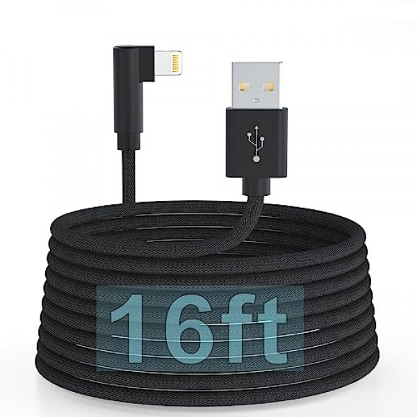 90도 16피트 매우 긴 iPhone 충전기 코드, Apple MFi 인증 직각 라이트닝 케이블 16FT/5M, iPhone 13 Pro Max/13/12 Mini/11/X/XS/XR/8용 고속 충전 나일론 편조 iPhone 충전 코드