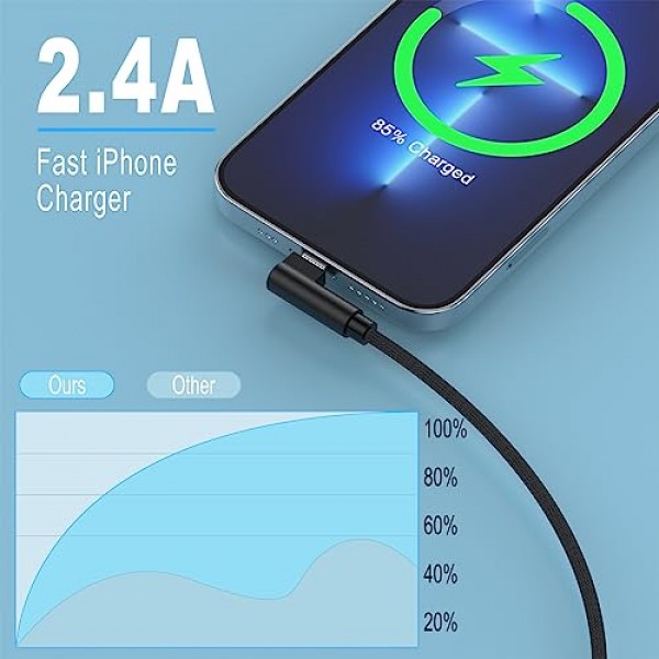90도 16피트 매우 긴 iPhone 충전기 코드, Apple MFi 인증 직각 라이트닝 케이블 16FT/5M, iPhone 13 Pro Max/13/12 Mini/11/X/XS/XR/8용 고속 충전 나일론 편조 iPhone 충전 코드