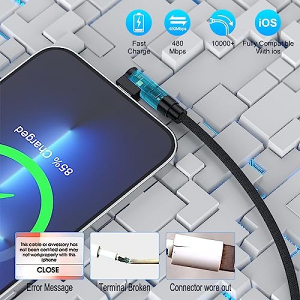 90도 16피트 매우 긴 iPhone 충전기 코드, Apple MFi 인증 직각 라이트닝 케이블 16FT/5M, iPhone 13 Pro Max/13/12 Mini/11/X/XS/XR/8용 고속 충전 나일론 편조 iPhone 충전 코드