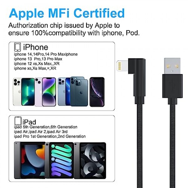 90도 16피트 매우 긴 iPhone 충전기 코드, Apple MFi 인증 직각 라이트닝 케이블 16FT/5M, iPhone 13 Pro Max/13/12 Mini/11/X/XS/XR/8용 고속 충전 나일론 편조 iPhone 충전 코드