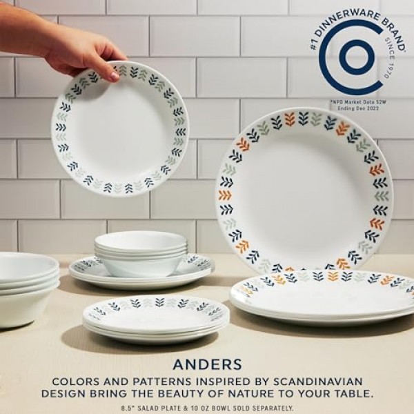 Corelle Vitrelle 18피스 유리 식기 세트, 6인용 서비스, 삼중 레이어 칩 및 균열 방지 유리 접시 및 그릇 세트, 앤더스