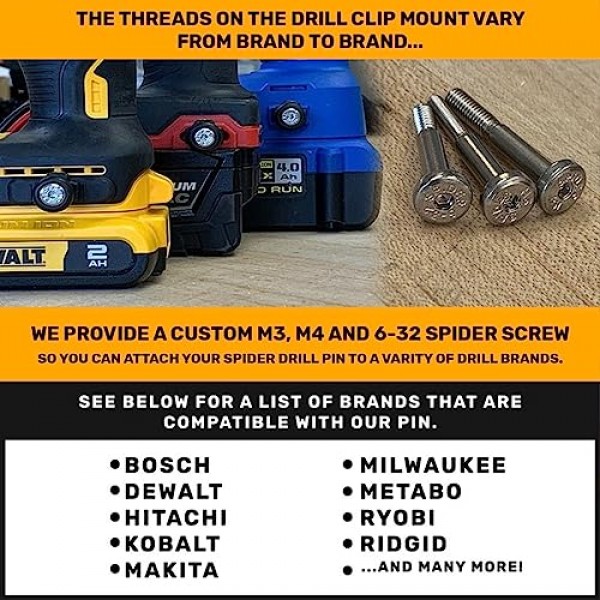 스파이더 도구 홀스터 - 드릴 핀 - 3개 팩 - 모든 브랜드 파워 드릴 및 드라이버 측면에 제공된 나사로 부착 - 스파이더 도구 홀스터 및 도구 도크와 쌍