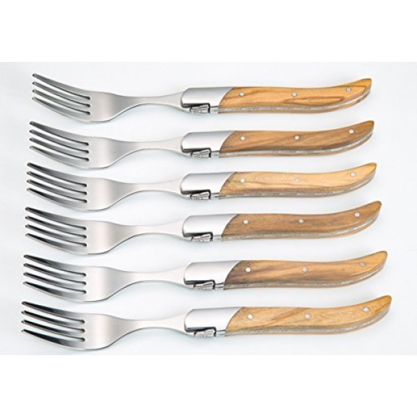 Laguiole by FlyingColors 디너 포크 세트 스테인레스 스틸, 올리브 나무 손잡이, 선물 상자, 6개