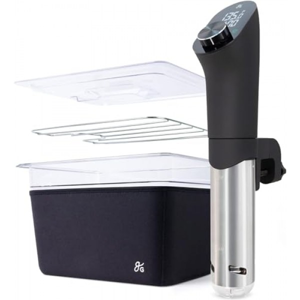 Greater Goods Pro Sous Vide 키트 - 1100와트, 강력하고 정밀한 Sous Vide 쿠커 및 프리미엄, Sous Vide 랙, 뚜껑 및 네오프렌 슬리브가 포함된 플라스틱 용기 | 세인트루이스에서 디