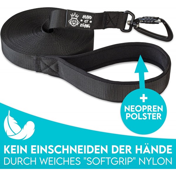 HUND IS KÖNIG® 강아지용 견인 가죽끈 - 긴 강아지 가죽끈 5m / 10m / 15m / 20m 그립 패드 - 성공적인 강아지 훈련을 위한 안전 카라비너가 있는 견고한 강아지 가죽끈 eBook 길