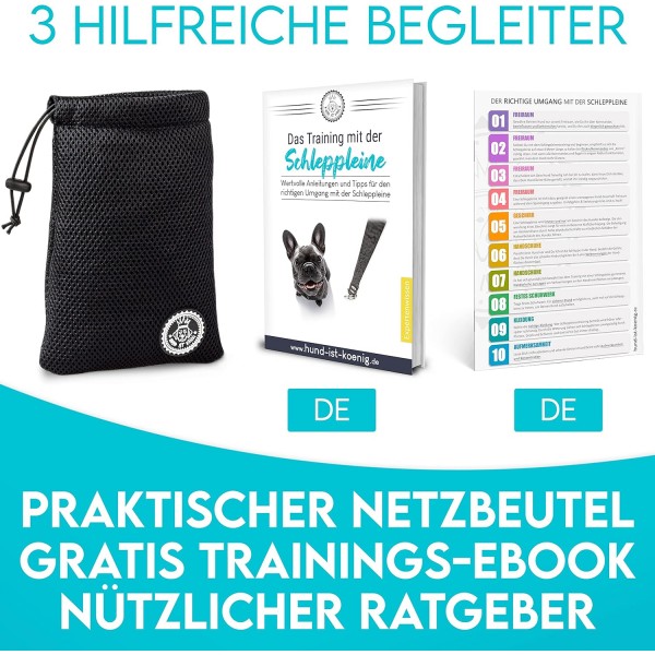 HUND IS KÖNIG® 강아지용 견인 가죽끈 - 긴 강아지 가죽끈 5m / 10m / 15m / 20m 그립 패드 - 성공적인 강아지 훈련을 위한 안전 카라비너가 있는 견고한 강아지 가죽끈 eBook 길