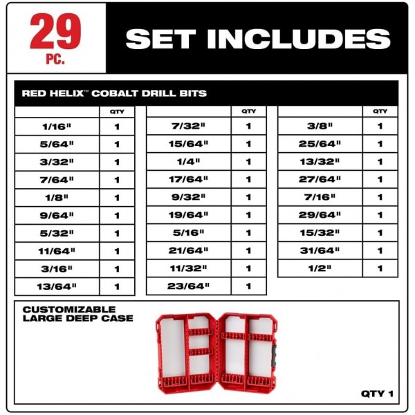밀워키 전동 공구 48-89-2332 29피스 코발트 헬릭스 드릴 비트 세트, 레드