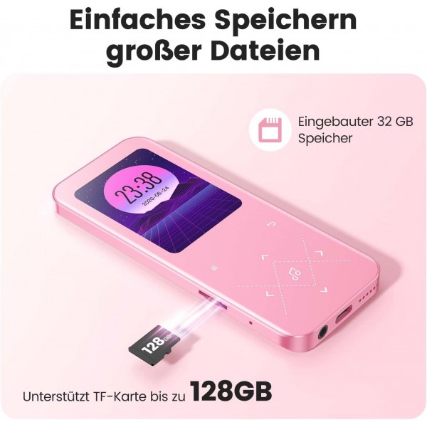 AGPTEK MP3 플레이어 블루투스 5.3, 2.4인치 TFT 컬러 스크린, 이어폰, 스피커, 터치 버튼, FM 라디오, 전자책, 녹음, TF-128GB 지원, 핑크 32GB 핑크가 있는 32GB HiFi 사운드 뮤직 플