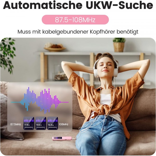 AGPTEK MP3 플레이어 블루투스 5.3, 2.4인치 TFT 컬러 스크린, 이어폰, 스피커, 터치 버튼, FM 라디오, 전자책, 녹음, TF-128GB 지원, 핑크 32GB 핑크가 있는 32GB HiFi 사운드 뮤직 플