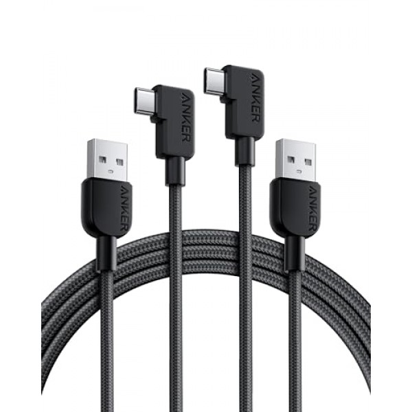 Anker USB C 케이블 직각, 2팩 6피트 USB-A ~ 90도 USB-C 편조 충전 코드, Samsung Galaxy Note 10 Note 9 / S10+ S10,LG V30(USB 2.0, 검정색)용 내구성 있는 C형 케이블
