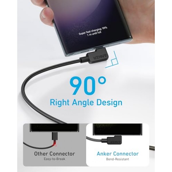 Anker USB C 케이블 직각, 2팩 6피트 USB-A ~ 90도 USB-C 편조 충전 코드, Samsung Galaxy Note 10 Note 9 / S10+ S10,LG V30(USB 2.0, 검정색)용 내구성 있는 C형 케이블