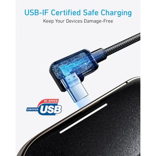 Anker USB C 케이블 직각, 2팩 6피트 USB-A ~ 90도 USB-C 편조 충전 코드, Samsung Galaxy Note 10 Note 9 / S10+ S10,LG V30(USB 2.0, 검정색)용 내구성 있는 C형 케이블