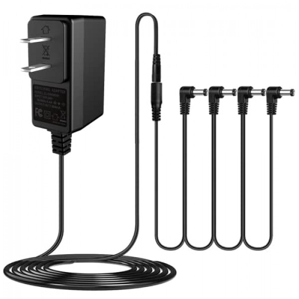 JOYO DC 9V 기타 페달 전원 공급 장치(800mA -1A) 4방향 데이지 체인 페달 케이블(8.8 FT)이 포함된 AC 벽면 충전기 어댑터, 대부분의 효과 페달과 호환 가능(팁 네거티브)