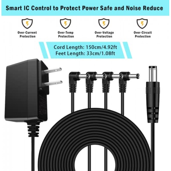 JOYO DC 9V 기타 페달 전원 공급 장치(800mA -1A) 4방향 데이지 체인 페달 케이블(8.8 FT)이 포함된 AC 벽면 충전기 어댑터, 대부분의 효과 페달과 호환 가능(팁 네거티브)