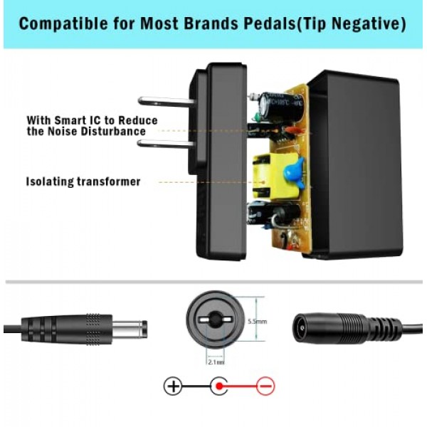 JOYO DC 9V 기타 페달 전원 공급 장치(800mA -1A) 4방향 데이지 체인 페달 케이블(8.8 FT)이 포함된 AC 벽면 충전기 어댑터, 대부분의 효과 페달과 호환 가능(팁 네거티브)