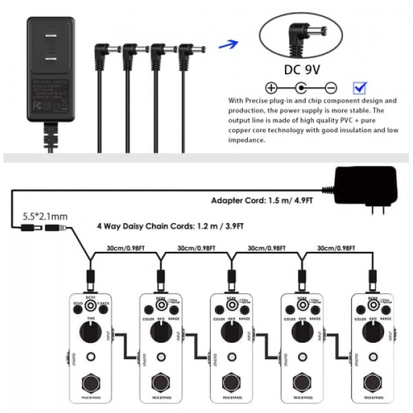 JOYO DC 9V 기타 페달 전원 공급 장치(800mA -1A) 4방향 데이지 체인 페달 케이블(8.8 FT)이 포함된 AC 벽면 충전기 어댑터, 대부분의 효과 페달과 호환 가능(팁 네거티브)