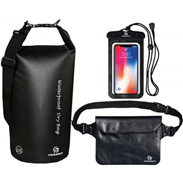 Freegrace 방수 드라이백 지퍼 잠금 씰 2개, 탈부착 가능한 어깨 스트랩, 허리 파우치 및 휴대폰 케이스가 포함된 드라이백 3개 세트 - 물에 담글 수 있음 - 수영용(검은색,