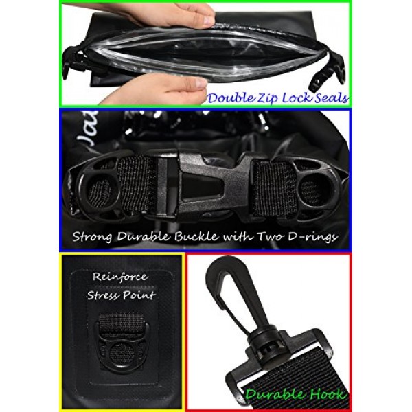 Freegrace 방수 드라이백 지퍼 잠금 씰 2개, 탈부착 가능한 어깨 스트랩, 허리 파우치 및 휴대폰 케이스가 포함된 드라이백 3개 세트 - 물에 담글 수 있음 - 수영용(검은색,