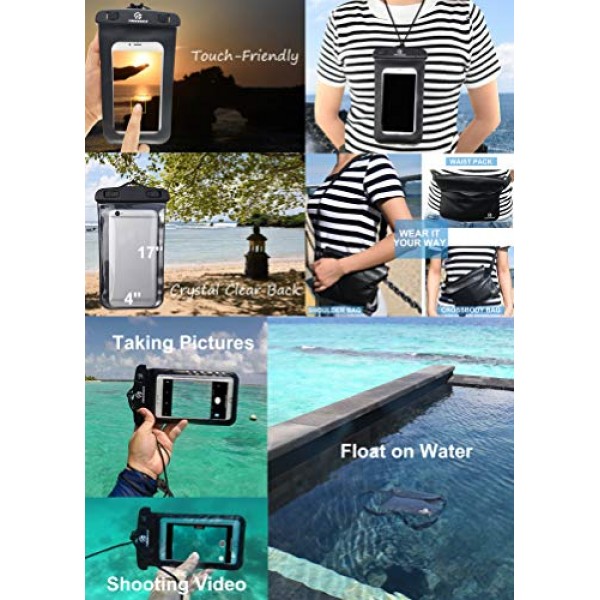 Freegrace 방수 드라이백 지퍼 잠금 씰 2개, 탈부착 가능한 어깨 스트랩, 허리 파우치 및 휴대폰 케이스가 포함된 드라이백 3개 세트 - 물에 담글 수 있음 - 수영용(검은색,