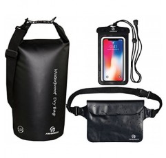Freegrace 방수 드라이백 지퍼 잠금 씰 2개, 탈부착 가능한 어깨 스트랩, 허리 파우치 및 휴대폰 케이스가 포함된 드라이백 3개 세트 - 물에 담글 수 있음 - 수영용(검은색,
