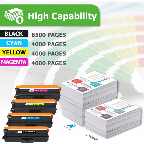 Brother TN423 TN-423 TN421 MFC-L8690CDW HL-L8260CDW DCP-L8410CDW HL-L8360CDW MFC L8690CDW MFC-L8900CDW(블랙 시안 4 옐로우 마젠타)용 Aztech 호환 토너 카트리지 교체,