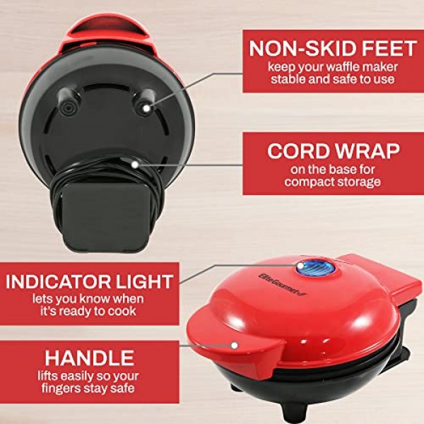 Elite Gourmet EWM015R# 전기 붙지 않는 4.5인치 미니 와플 메이커, 벨기에 와플, 컴팩트 디자인, 해시 브라운, 케토, 스낵, 샌드위치, 계란, 청소 용이, 레드