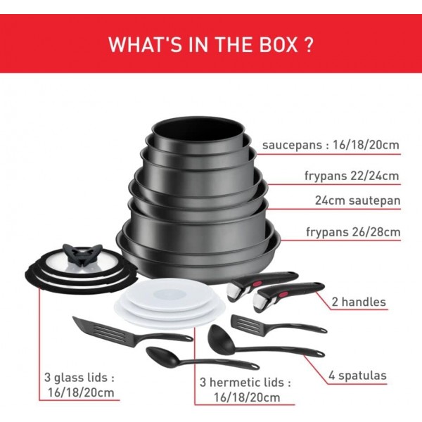 Tefal Ingenio Daily Chef ON Pots & Pans 세트 20개 쌓을 수 있는 탈착식 핸들 공간 절약 스틱형 인덕션 그레이 L7619402 20개 세트 싱글