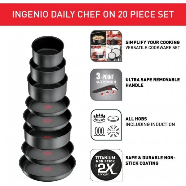 Tefal Ingenio Daily Chef ON Pots & Pans 세트 20개 쌓을 수 있는 탈착식 핸들 공간 절약 스틱형 인덕션 그레이 L7619402 20개 세트 싱글