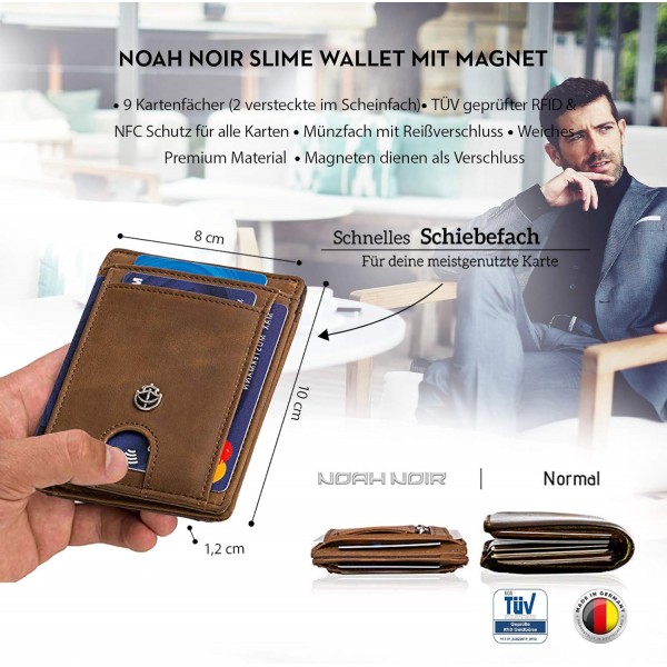 Noah Noir Slim Wallet with Magnet and Coin Pocket (9 Card Slots) 지갑 남성용 (돌핀) 브라운