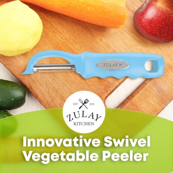 흠집 제거 장치가 내장된 Zulay 프리미엄 회전식 야채 필러 - 스테인레스 스틸 감자 필러 - 편안한 그립감을 갖춘 야채 필러 - 사과, 당근, 오이, 감자용 식품 필러 - 블루