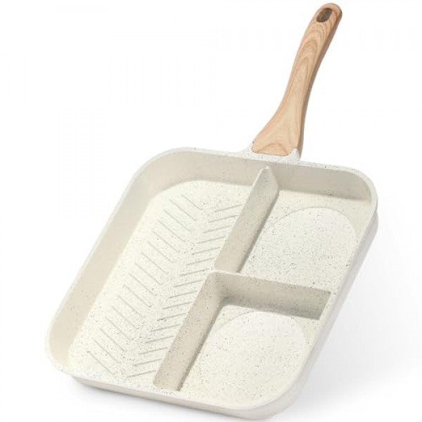 ESLITE LIFE 스토브 탑용 붙지 않는 분할 조식 그릴 팬, 실내 요리 및 야외 그릴링을 위한 11인치 3-In-1 다용도 사각형 대형 그릴 프라이팬 팬, PFOA 없음, 크림