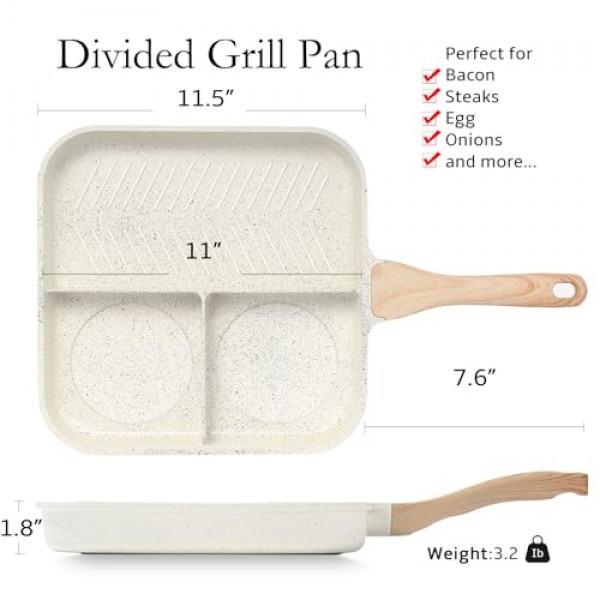 ESLITE LIFE 스토브 탑용 붙지 않는 분할 조식 그릴 팬, 실내 요리 및 야외 그릴링을 위한 11인치 3-In-1 다용도 사각형 대형 그릴 프라이팬 팬, PFOA 없음, 크림
