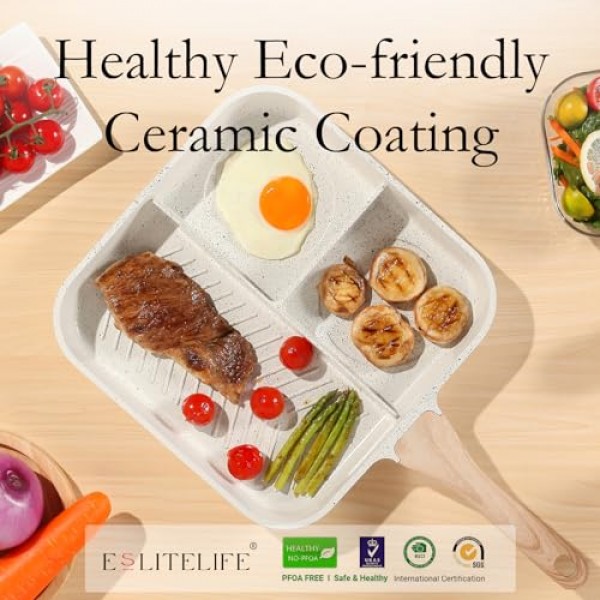 ESLITE LIFE 스토브 탑용 붙지 않는 분할 조식 그릴 팬, 실내 요리 및 야외 그릴링을 위한 11인치 3-In-1 다용도 사각형 대형 그릴 프라이팬 팬, PFOA 없음, 크림