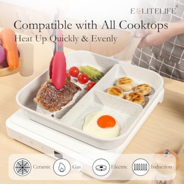 ESLITE LIFE 스토브 탑용 붙지 않는 분할 조식 그릴 팬, 실내 요리 및 야외 그릴링을 위한 11인치 3-In-1 다용도 사각형 대형 그릴 프라이팬 팬, PFOA 없음, 크림